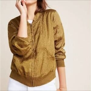 Anthropologie Maeve Silky Olive Animal Print Zip Up Bomber Jacket, Size SP